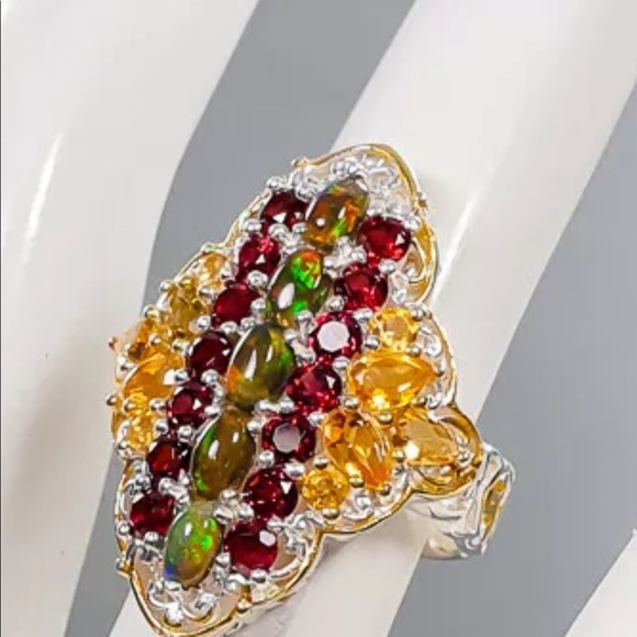 Breathtaking Genuine Fiery Opals, Citrine & Garnet Ring - Picture 8 of 16